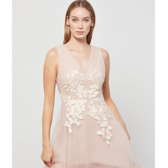 BCBG Max Azria Floral Sheer Embroidered Appliquéd Asymmetrical Gown Nude Pink - Picture 5 of 8